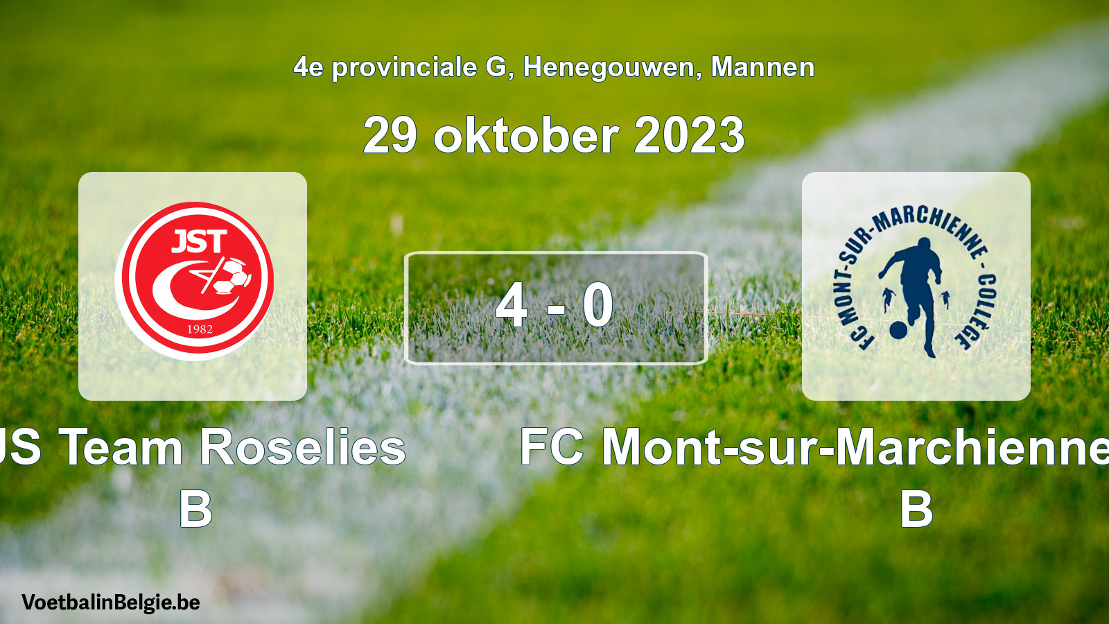 Gespeelde wedstrijd mannenvoetbal: JS Team Roselies B - FC Mont-sur-Marchienne Collège B 4 - 0 (29 oktober 2023)