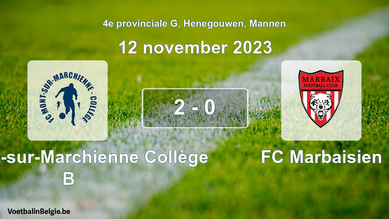 Gespeelde wedstrijd mannenvoetbal: FC Mont-sur-Marchienne Collège B - FC Marbaisien 2 - 0 (12 november 2023)