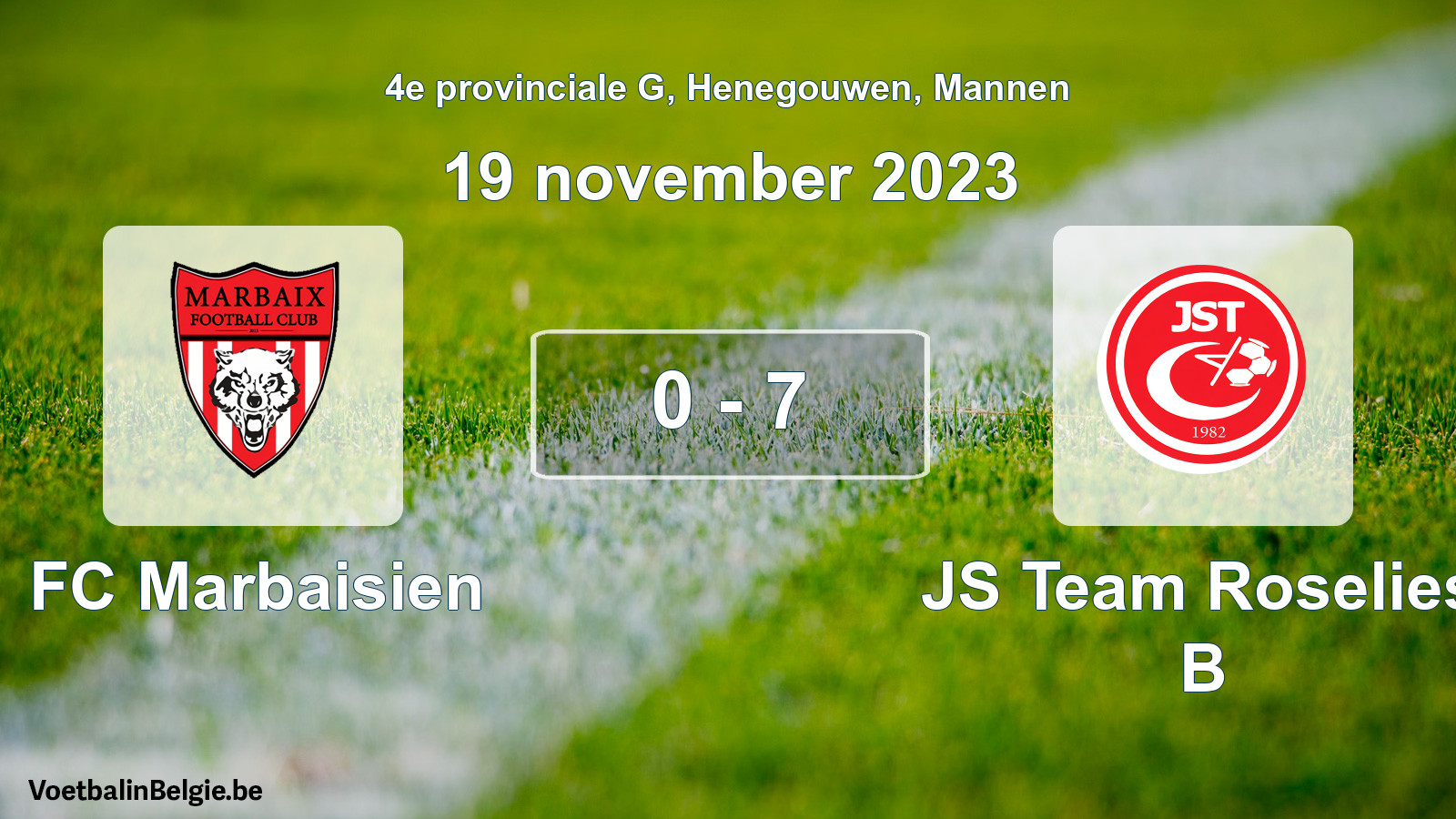 Match joué football hommes: FC Marbaisien - JS Team Roselies B 0 - 7 (19 novembre 2023)