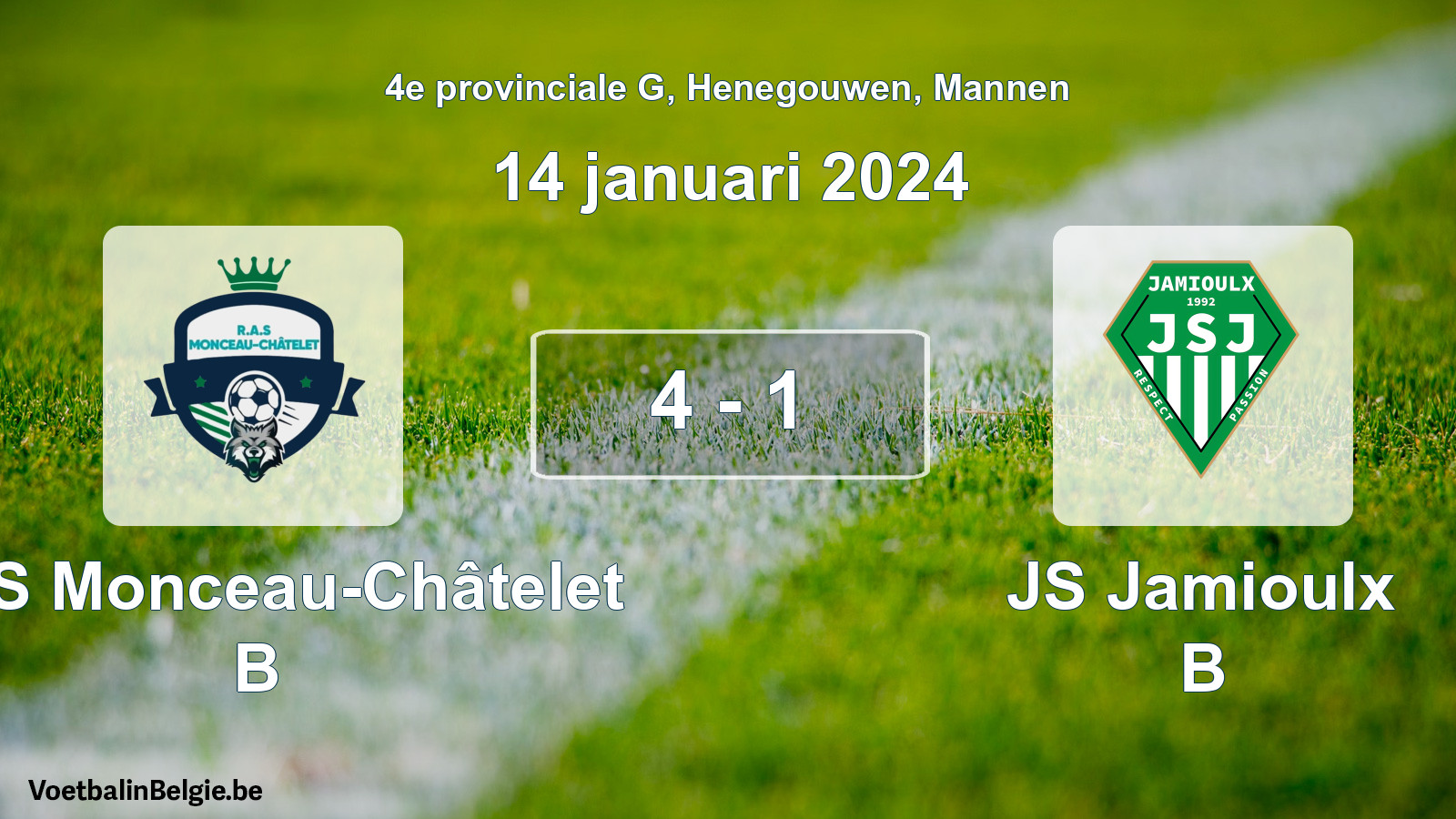 Gespeelde wedstrijd mannenvoetbal: RAS Monceau-Châtelet B - JS Jamioulx B 4 - 1 (14 januari 2024)