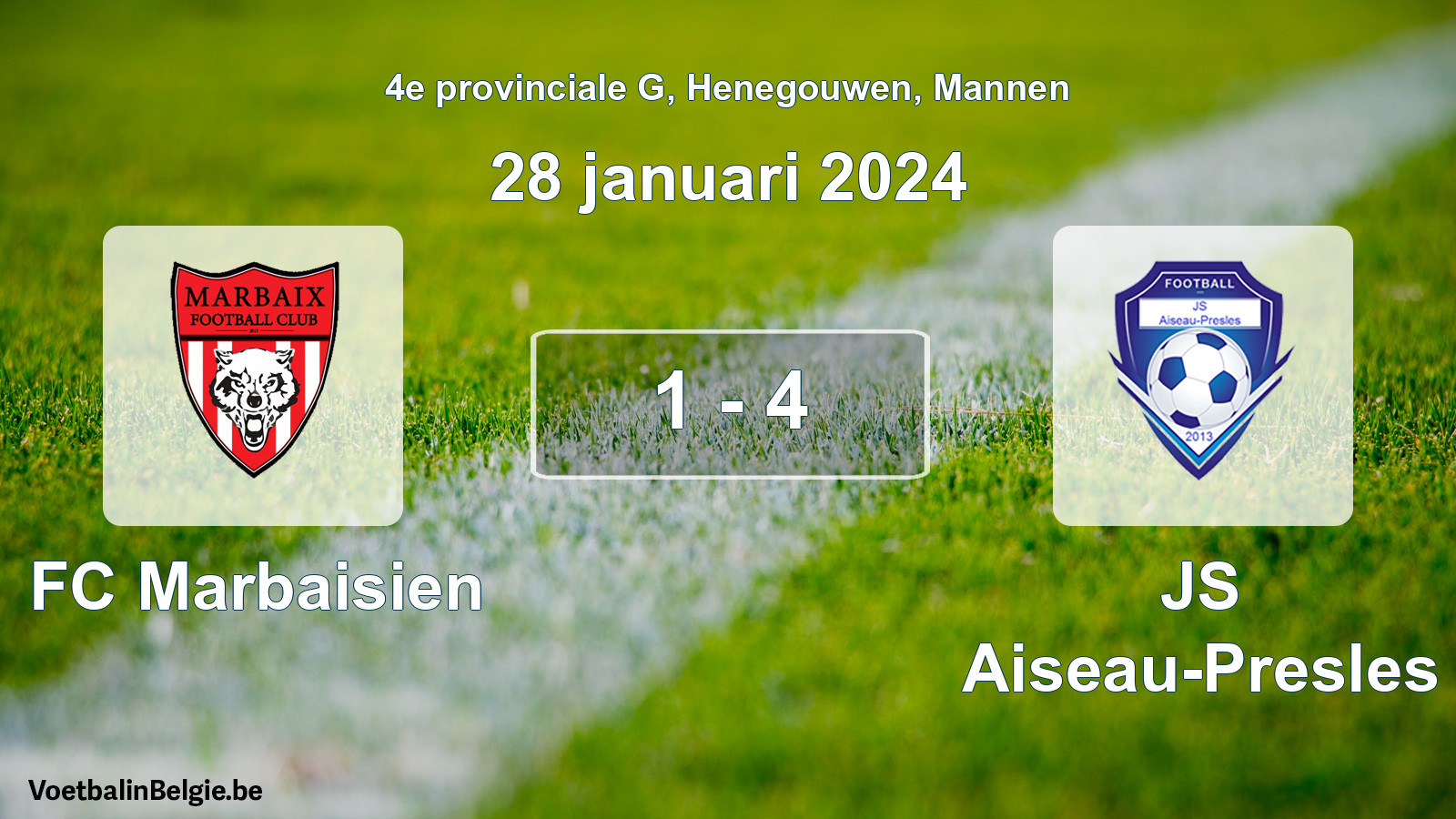 Gespeelde wedstrijd mannenvoetbal: FC Marbaisien - JS Aiseau-Presles 1 - 4 (28 januari 2024)