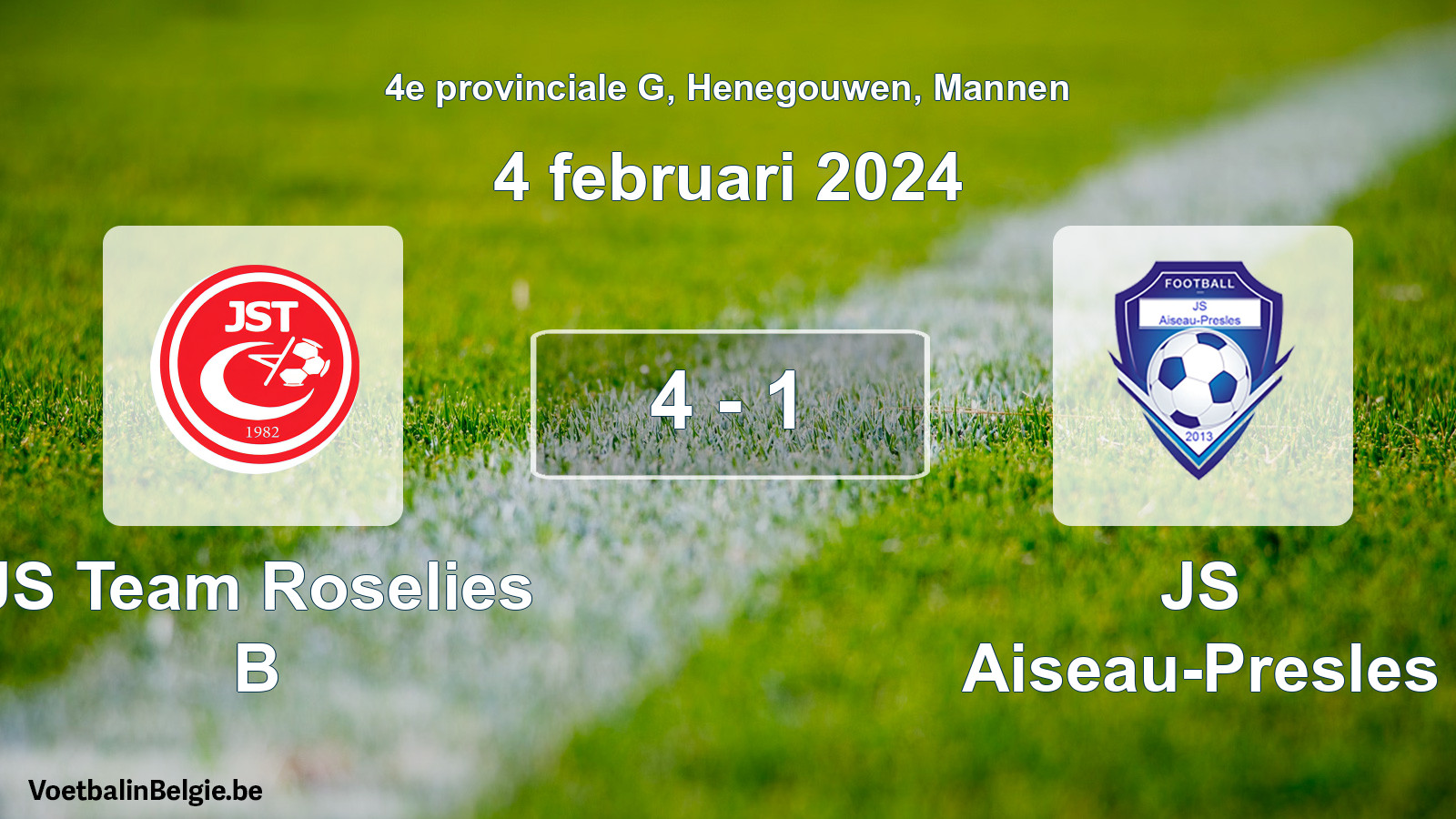 Gespeelde wedstrijd mannenvoetbal: JS Team Roselies B - JS Aiseau-Presles 4 - 1 (4 februari 2024)