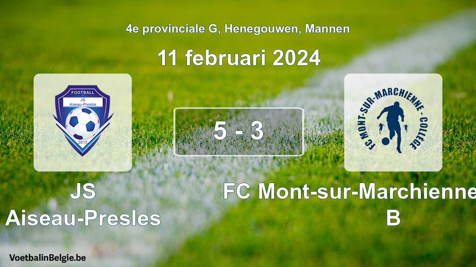 Gespeelde wedstrijd mannenvoetbal: JS Aiseau-Presles - FC Mont-sur-Marchienne Collège B 5 - 3 (11 februari 2024)