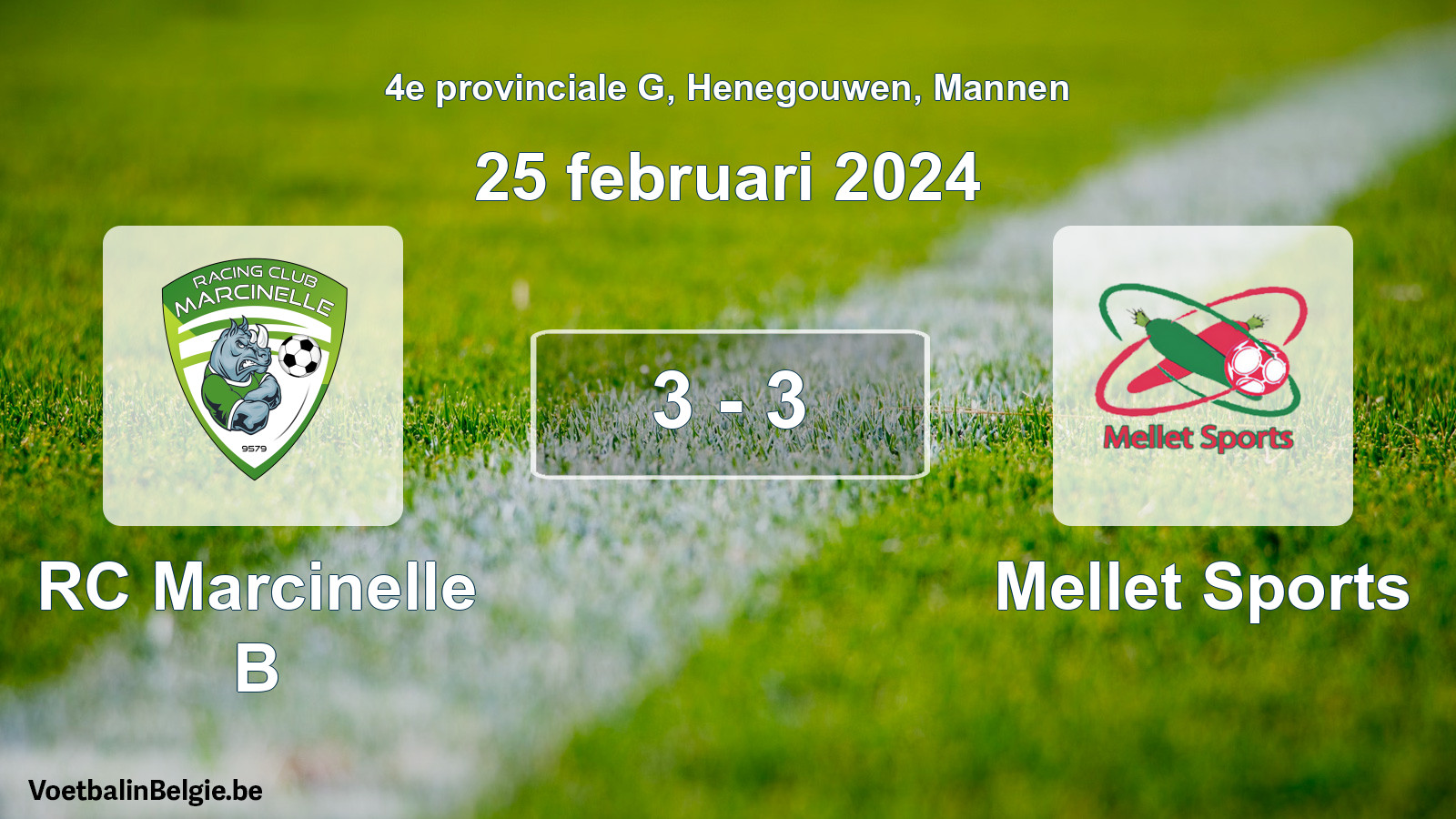 Gespeelde wedstrijd mannenvoetbal: RC Marcinelle B - Mellet Sports 3 - 3 (25 februari 2024)