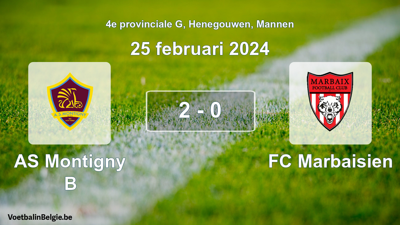 Gespeelde wedstrijd mannenvoetbal: AS Montigny B - FC Marbaisien 2 - 0 (25 februari 2024)