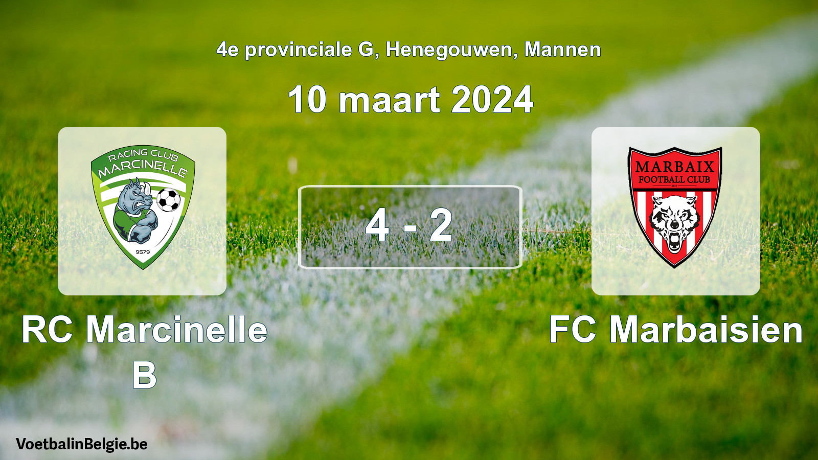 Gespeelde wedstrijd mannenvoetbal: RC Marcinelle B - FC Marbaisien 4 - 2 (10 maart 2024)