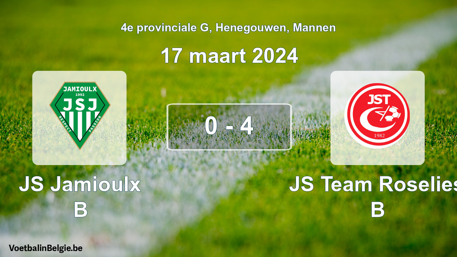 Gespeelde wedstrijd mannenvoetbal: JS Jamioulx B - JS Team Roselies B 0 - 4 (17 maart 2024)