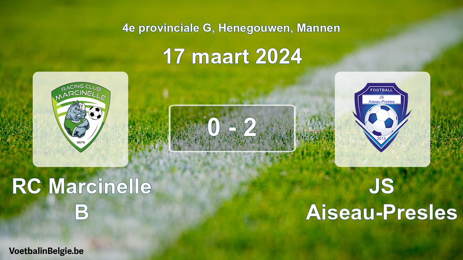 Gespeelde wedstrijd mannenvoetbal: RC Marcinelle B - JS Aiseau-Presles 0 - 2 (17 maart 2024)