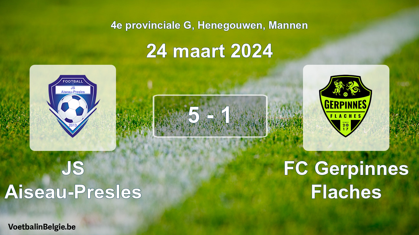 Gespeelde wedstrijd mannenvoetbal: JS Aiseau-Presles - FC Gerpinnes Flaches 5 - 1 (24 maart 2024)