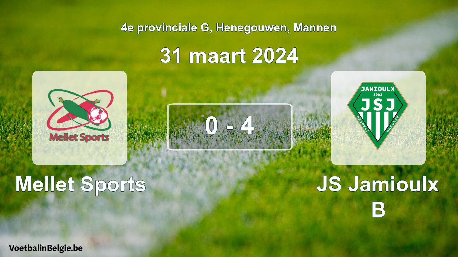 Gespeelde wedstrijd mannenvoetbal: Mellet Sports - JS Jamioulx B 0 - 4 (31 maart 2024)