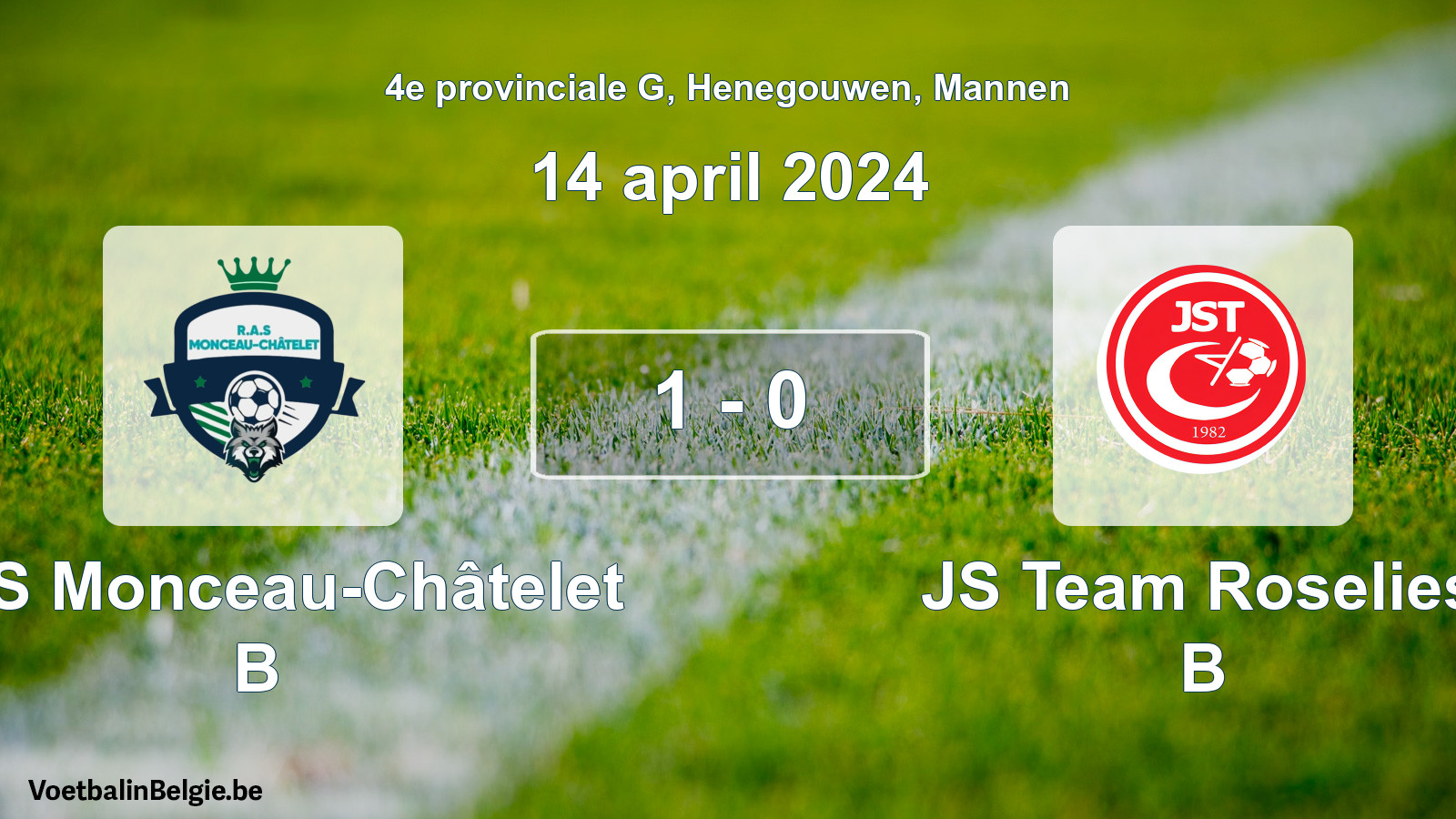 Gespeelde wedstrijd mannenvoetbal: RAS Monceau-Châtelet B - JS Team Roselies B 1 - 0 (14 april 2024)