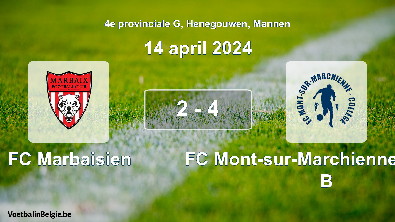 Gespeelde wedstrijd mannenvoetbal: FC Marbaisien - FC Mont-sur-Marchienne Collège B 2 - 4 (14 april 2024)