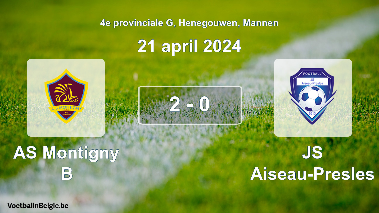 Match joué football hommes: AS Montigny B - JS Aiseau-Presles 2 - 0 (21 avril 2024)