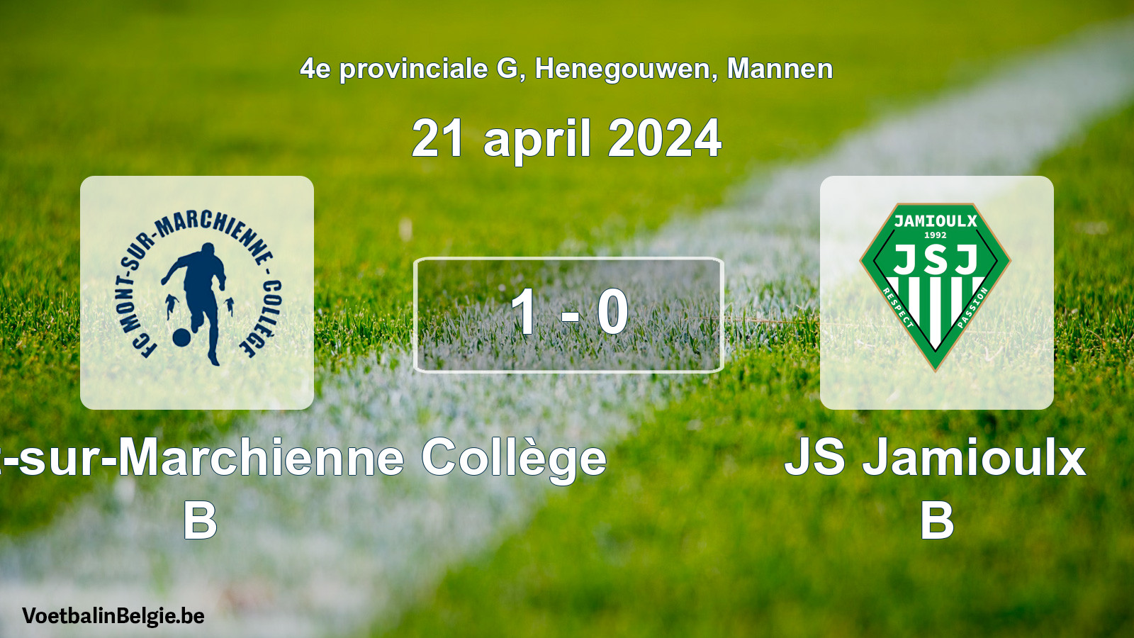 Gespeelde wedstrijd mannenvoetbal: FC Mont-sur-Marchienne Collège B - JS Jamioulx B 1 - 0 (21 april 2024)
