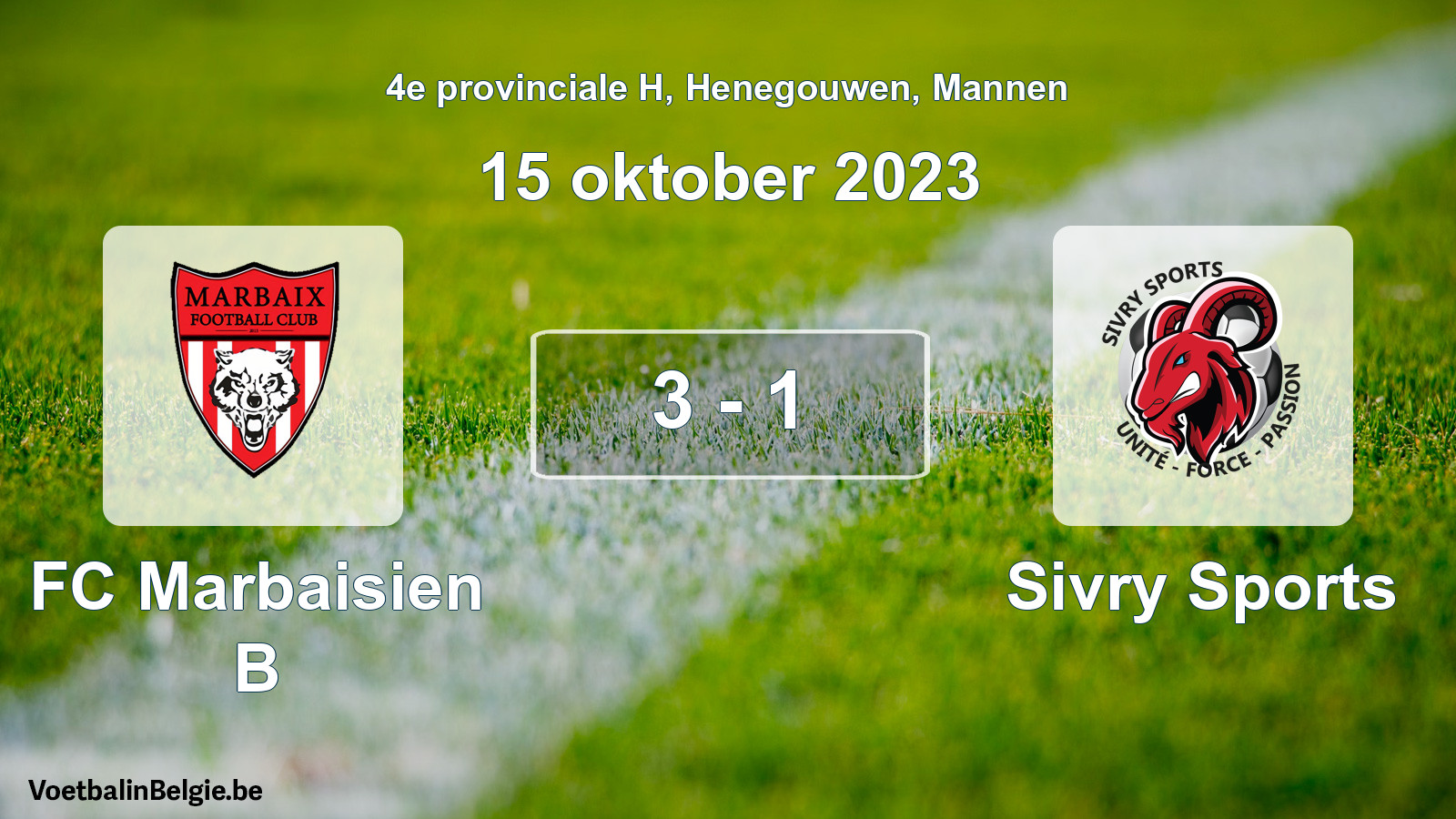 Gespeelde wedstrijd mannenvoetbal: FC Marbaisien B - Sivry Sports 3 - 1 (15 oktober 2023)