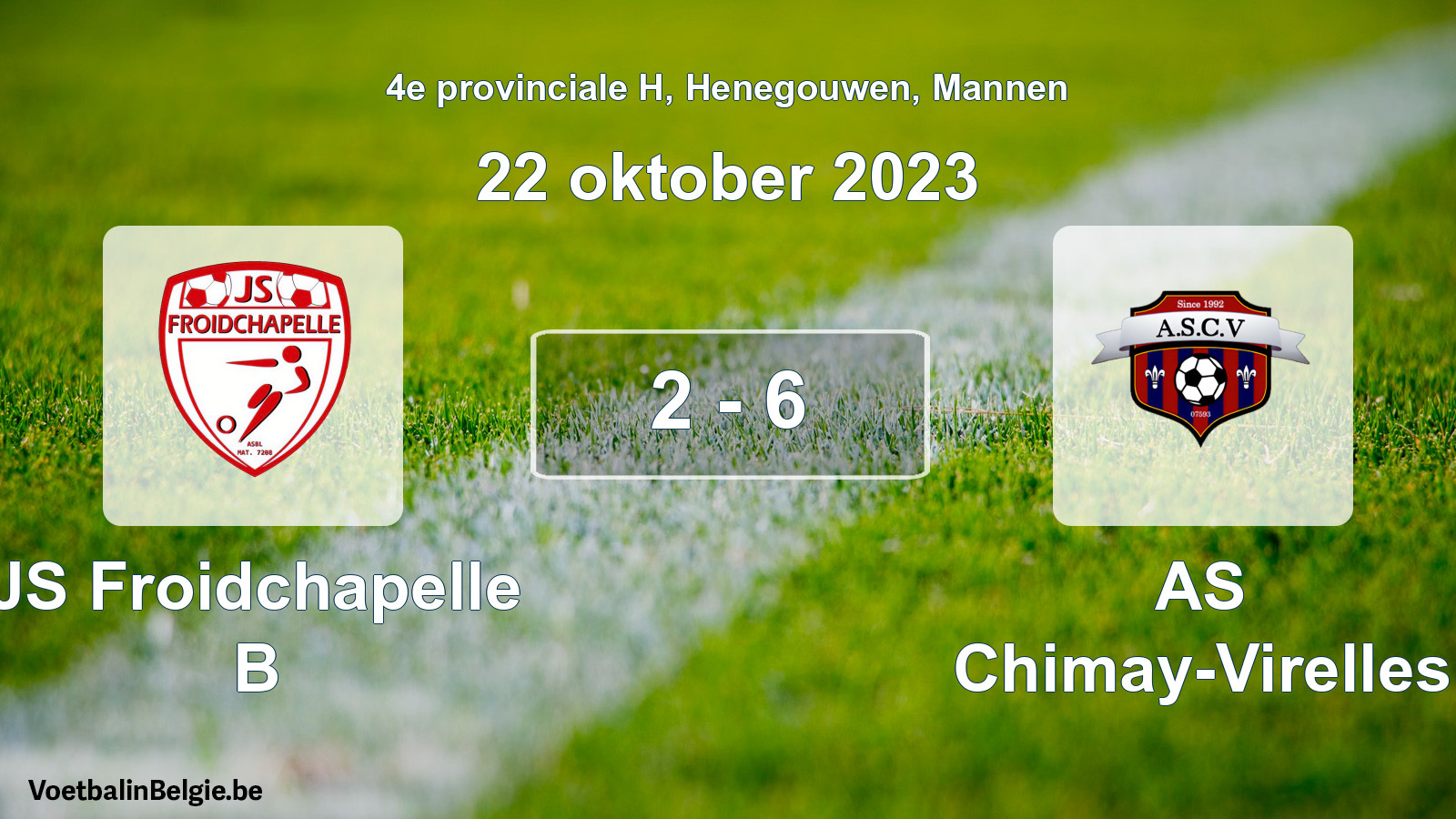 Gespeelde wedstrijd mannenvoetbal: JS Froidchapelle B - AS Chimay-Virelles 2 - 6 (22 oktober 2023)