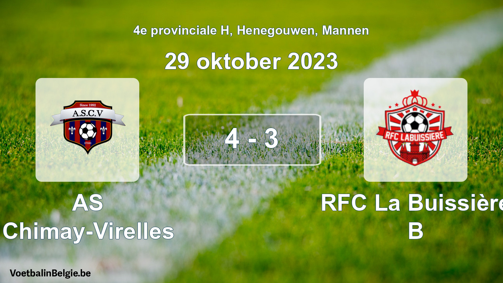 Gespeelde wedstrijd mannenvoetbal: AS Chimay-Virelles - RFC La Buissière B 4 - 3 (29 oktober 2023)