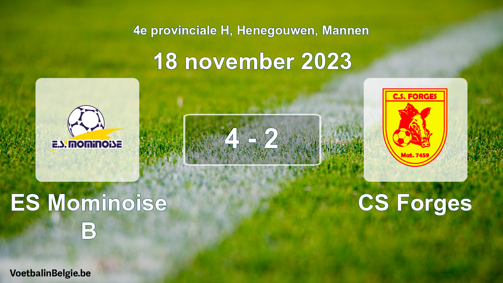 Gespeelde wedstrijd mannenvoetbal: ES Mominoise B - CS Forges 4 - 2 (18 november 2023)