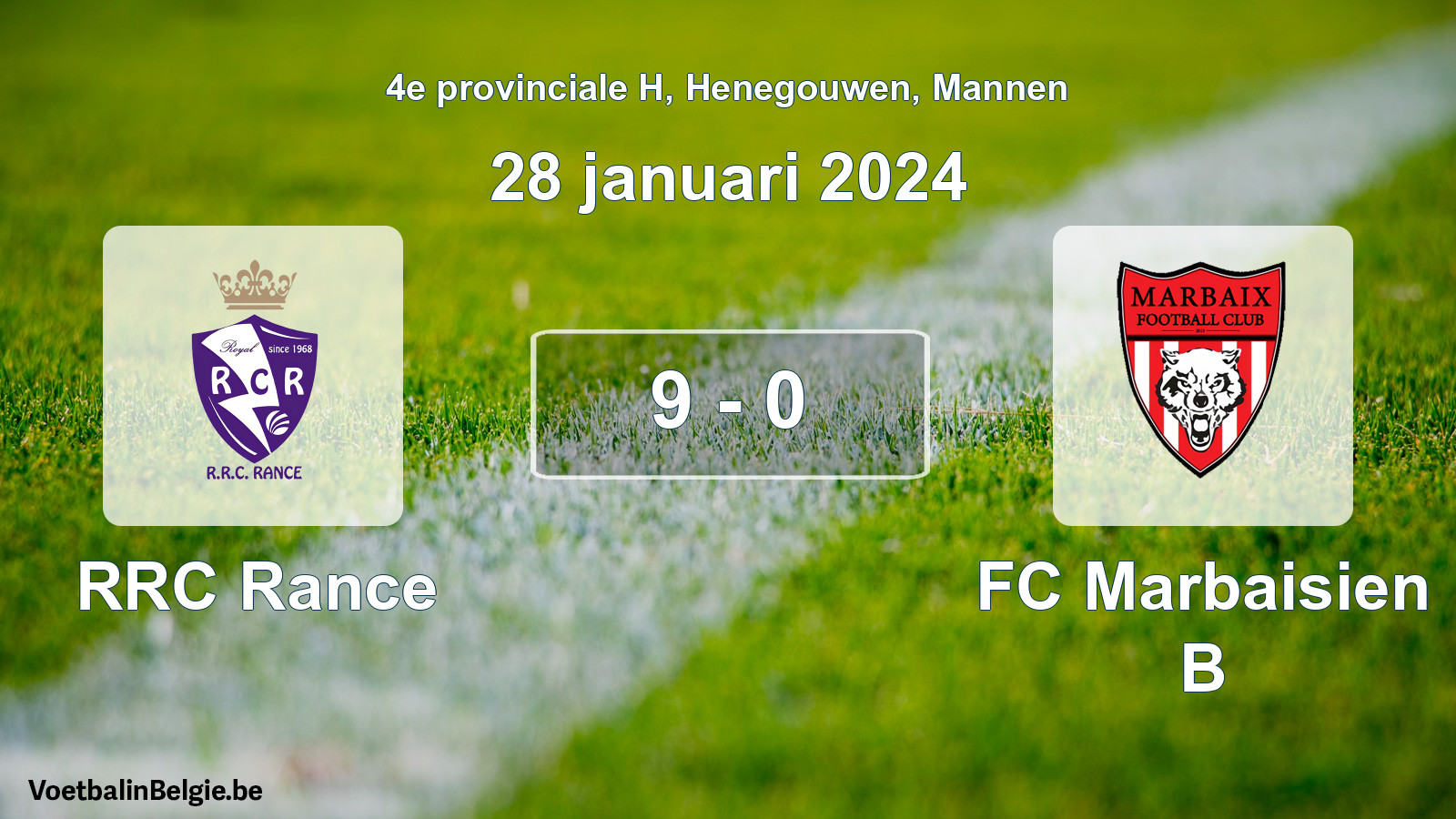 Gespeelde wedstrijd mannenvoetbal: RRC Rance - FC Marbaisien B 9 - 0 (28 januari 2024)