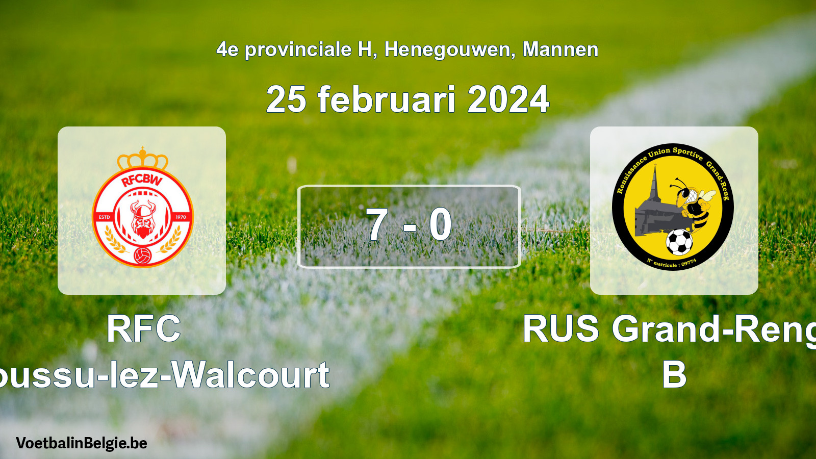 Gespeelde wedstrijd mannenvoetbal: RFC Boussu-lez-Walcourt - RUS Grand-Reng B 7 - 0 (25 februari 2024)