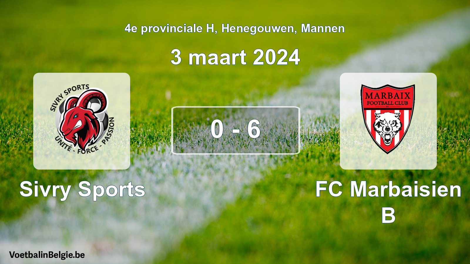 Gespeelde wedstrijd mannenvoetbal: Sivry Sports - FC Marbaisien B 0 - 6 (3 maart 2024)