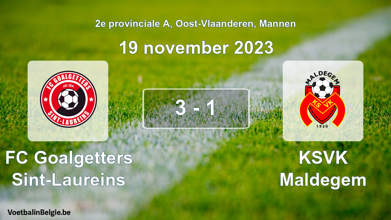 Gespeelde wedstrijd mannenvoetbal: FC Goalgetters Sint-Laureins - KSVK Maldegem 3 - 1 (19 november 2023)