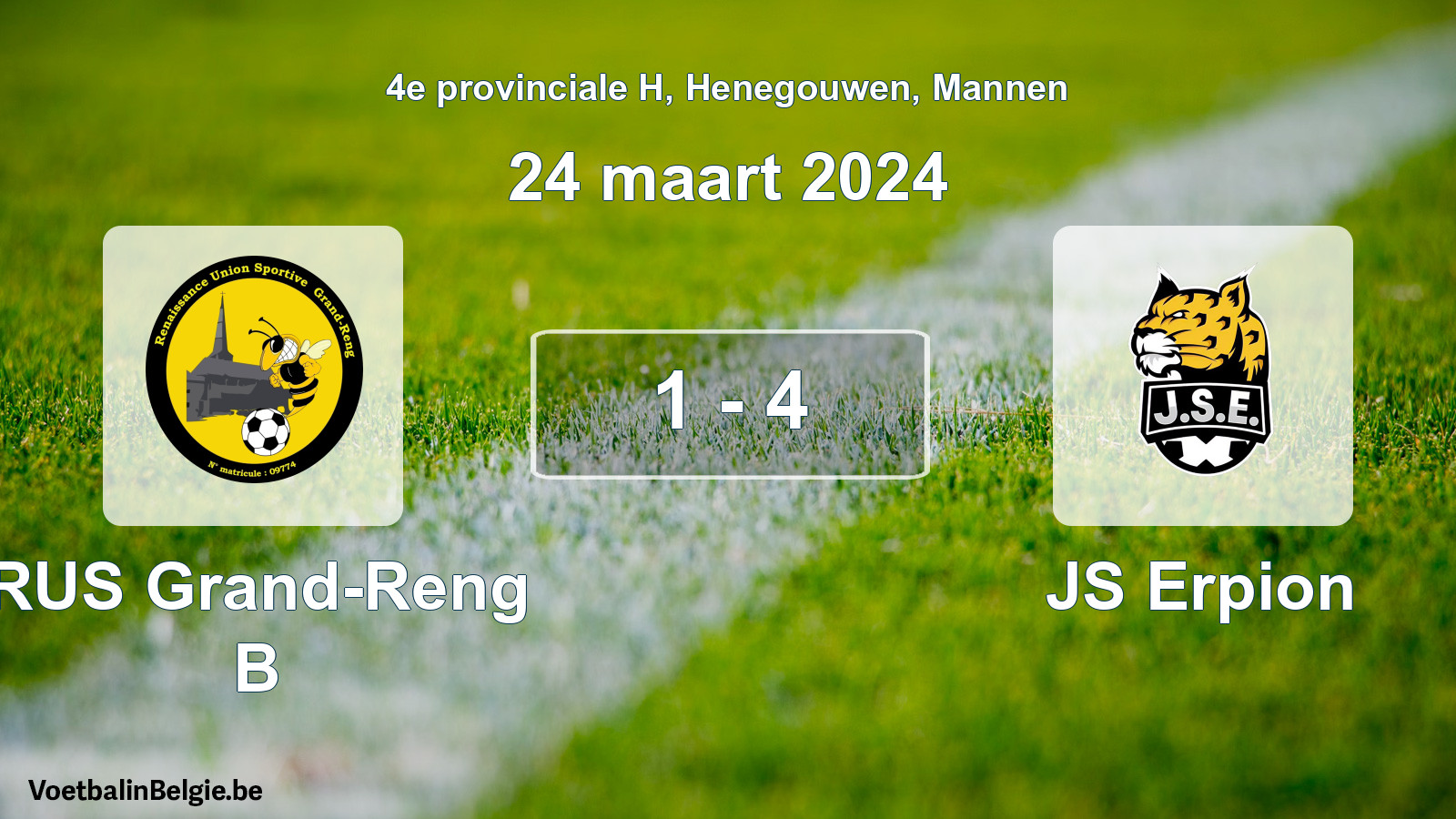 Gespeelde wedstrijd mannenvoetbal: RUS Grand-Reng B - JS Erpion 1 - 4 (24 maart 2024)