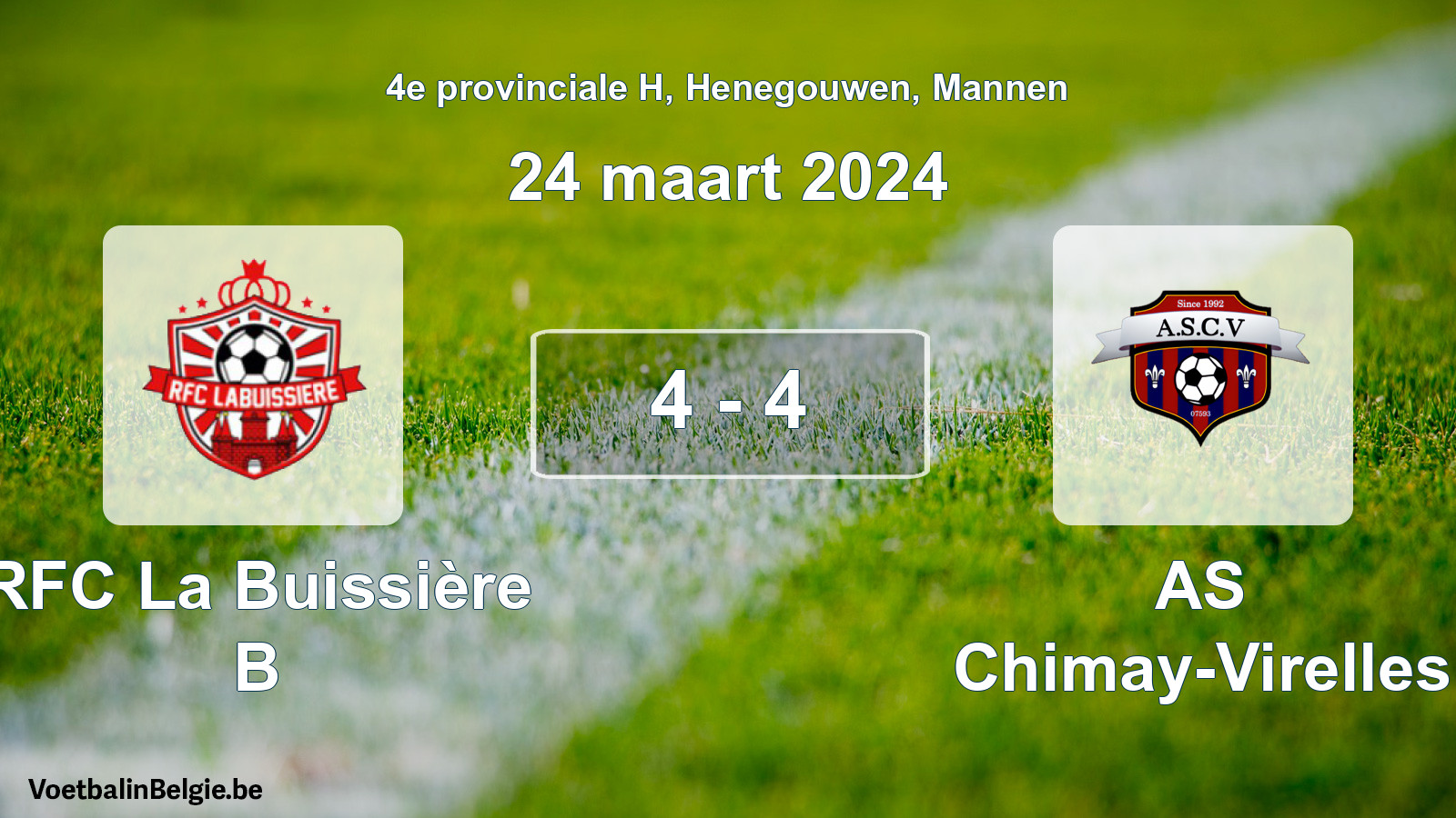 Gespeelde wedstrijd mannenvoetbal: RFC La Buissière B - AS Chimay-Virelles 4 - 4 (24 maart 2024)
