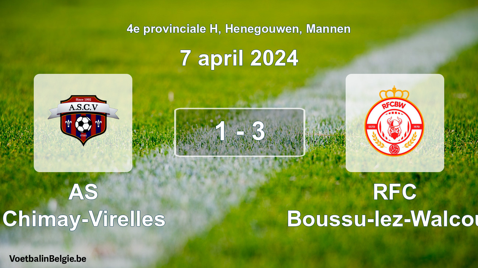 Gespeelde wedstrijd mannenvoetbal: AS Chimay-Virelles - RFC Boussu-lez-Walcourt 1 - 3 (7 april 2024)