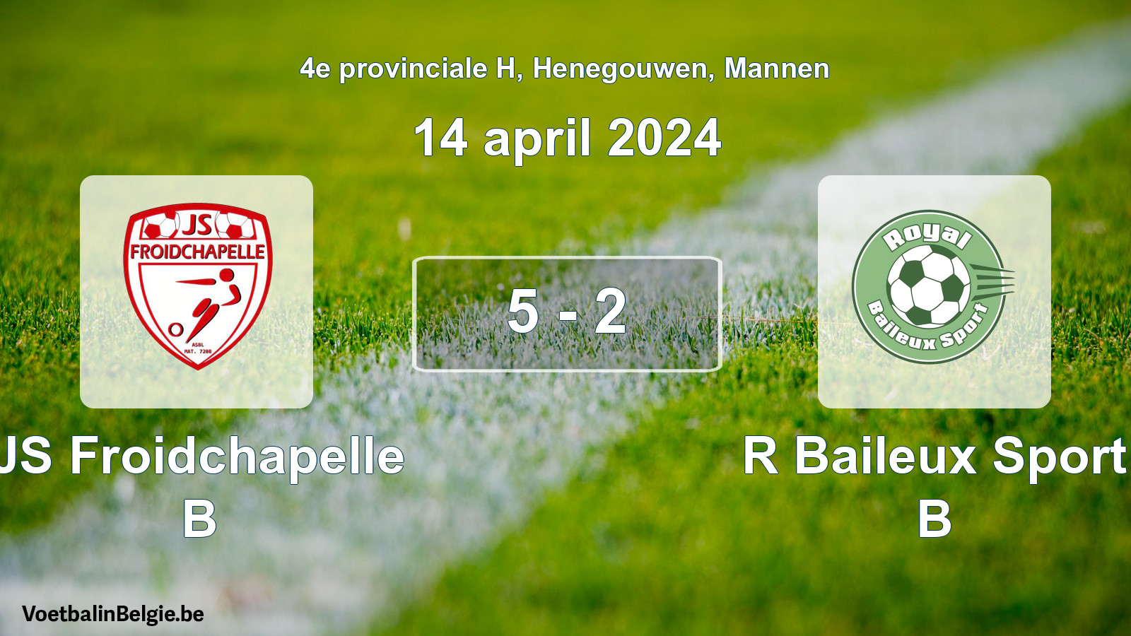 Gespeelde wedstrijd mannenvoetbal: JS Froidchapelle B - R Baileux Sport B 5 - 2 (14 april 2024)