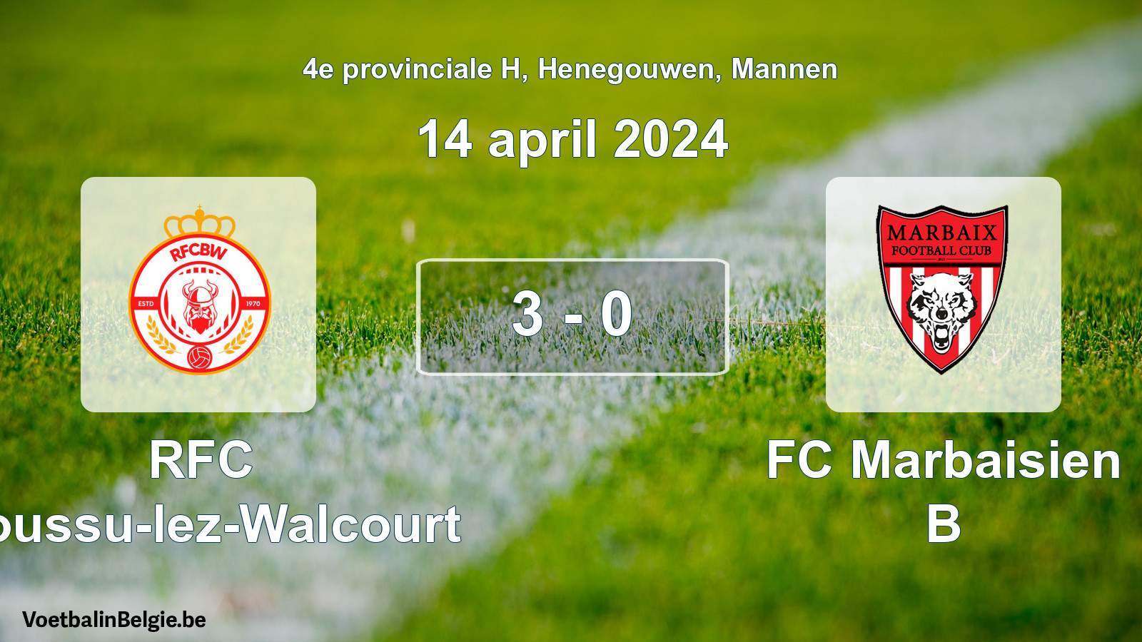 Gespeelde wedstrijd mannenvoetbal: RFC Boussu-lez-Walcourt - FC Marbaisien B 3 - 0 (14 april 2024)