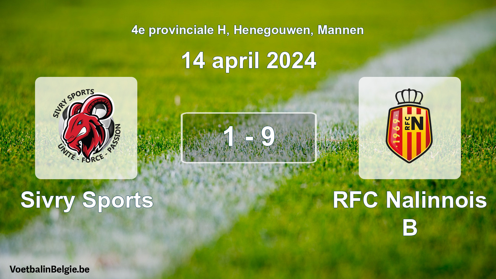 Gespeelde wedstrijd mannenvoetbal: Sivry Sports - RFC Nalinnois B 1 - 9 (14 april 2024)