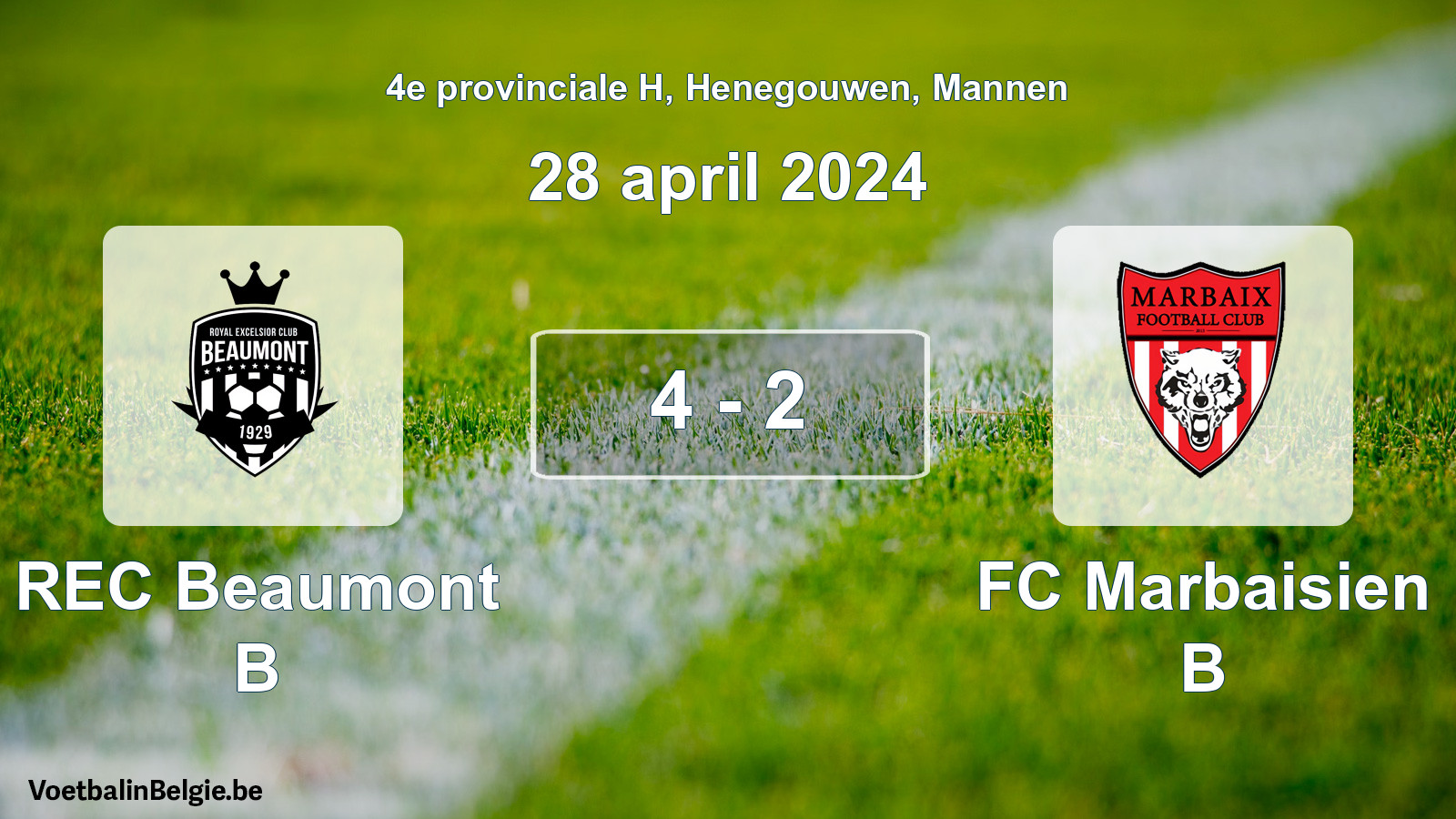 Gespeelde wedstrijd mannenvoetbal: REC Beaumont B - FC Marbaisien B 4 - 2 (28 april 2024)
