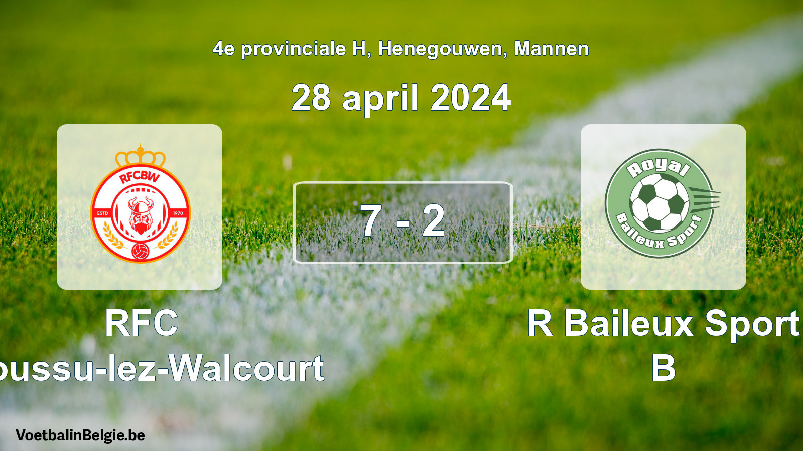 Gespeelde wedstrijd mannenvoetbal: RFC Boussu-lez-Walcourt - R Baileux Sport B 7 - 2 (28 april 2024)