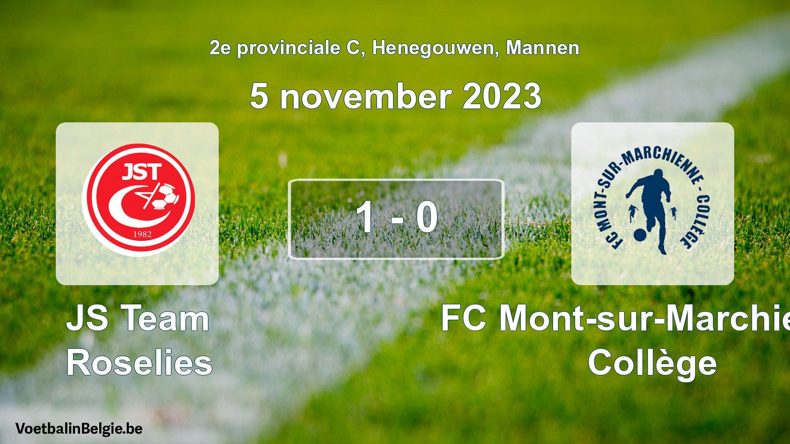 Gespeelde wedstrijd mannenvoetbal: JS Team Roselies - FC Mont-sur-Marchienne Collège 1 - 0 (5 november 2023)