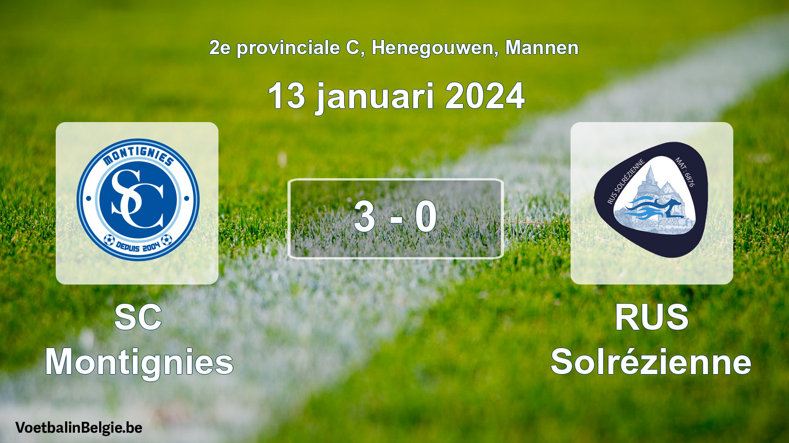 Gespeelde wedstrijd mannenvoetbal: SC Montignies - RUS Solrézienne 3 - 0 (13 januari 2024)
