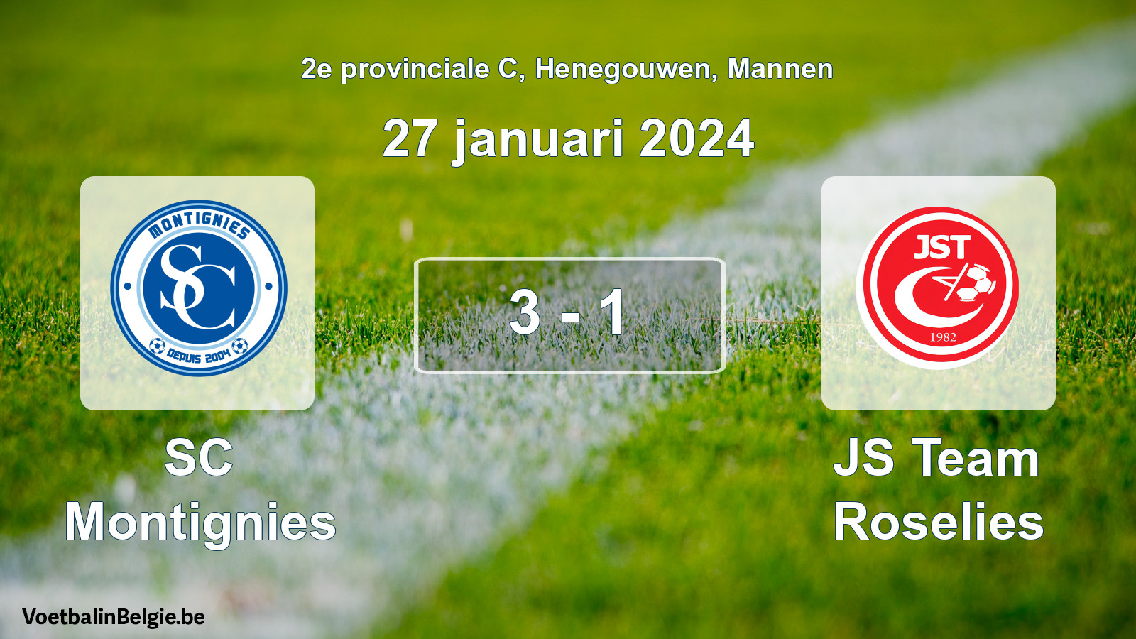 Gespeelde wedstrijd mannenvoetbal: SC Montignies - JS Team Roselies 3 - 1 (27 januari 2024)