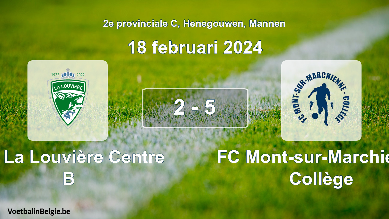 Gespeelde wedstrijd mannenvoetbal: UR La Louvière Centre B - FC Mont-sur-Marchienne Collège 2 - 5 (18 februari 2024)