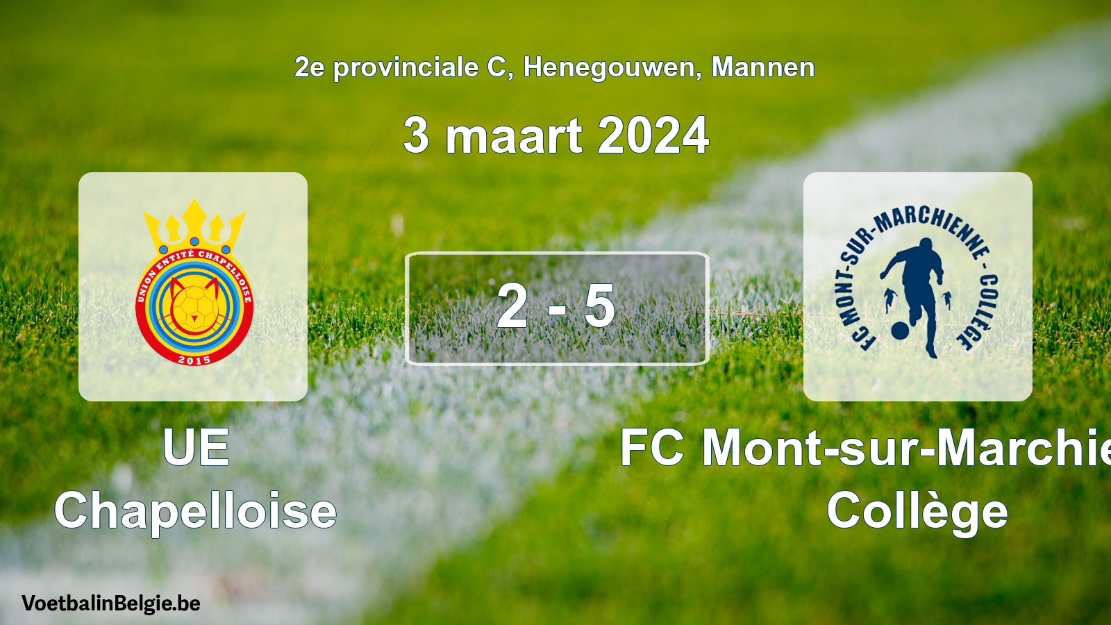 Gespeelde wedstrijd mannenvoetbal: UE Chapelloise - FC Mont-sur-Marchienne Collège 2 - 5 (3 maart 2024)