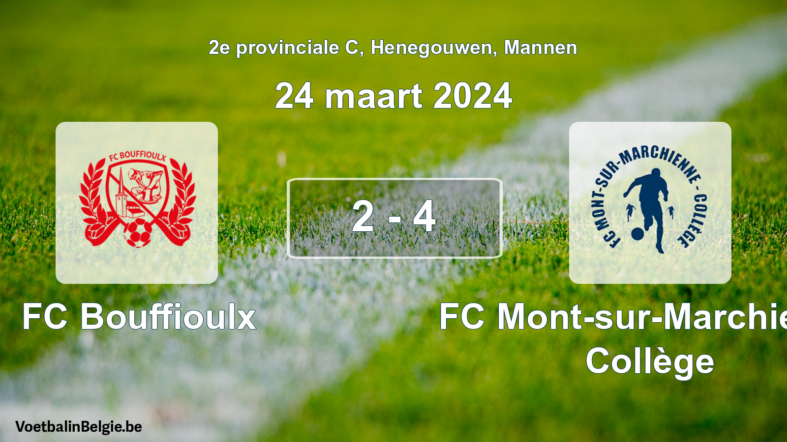 Gespeelde wedstrijd mannenvoetbal: FC Bouffioulx - FC Mont-sur-Marchienne Collège 2 - 4 (24 maart 2024)