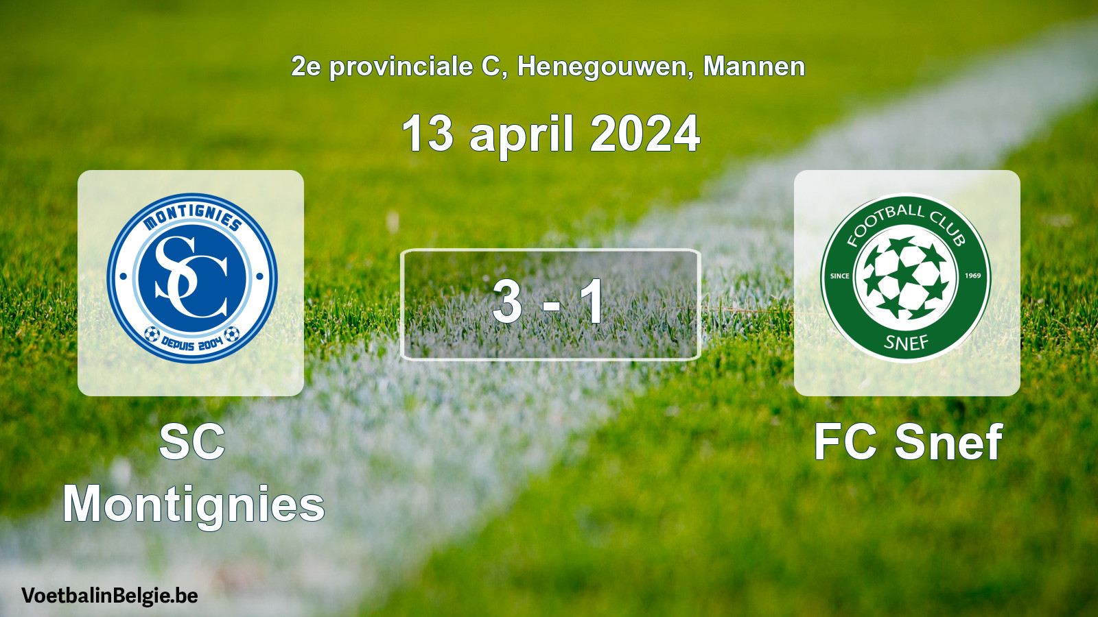 Gespeelde wedstrijd mannenvoetbal: SC Montignies - FC Snef 3 - 1 (13 april 2024)