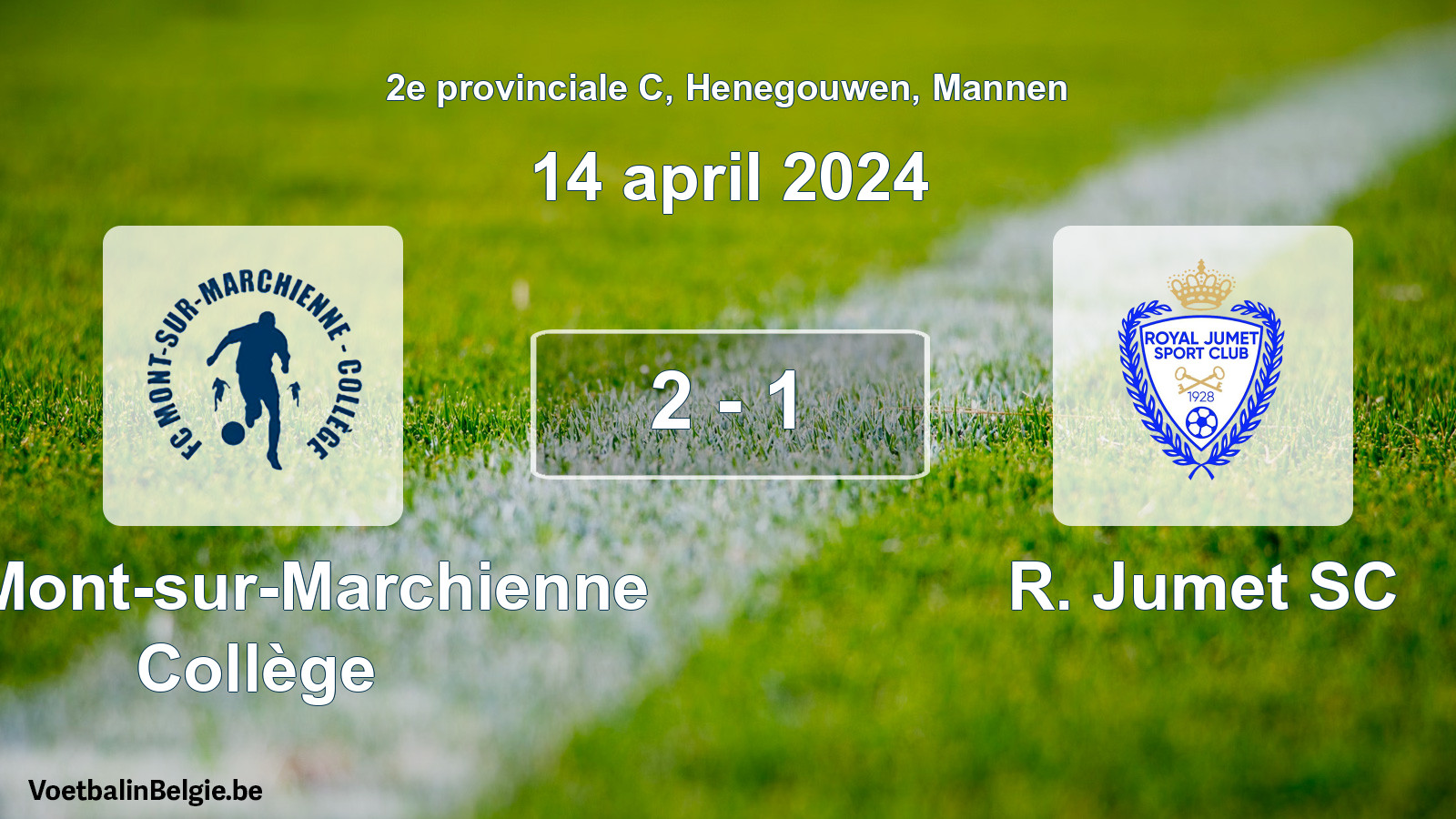 Gespeelde wedstrijd mannenvoetbal: FC Mont-sur-Marchienne Collège - R. Jumet SC 2 - 1 (14 april 2024)