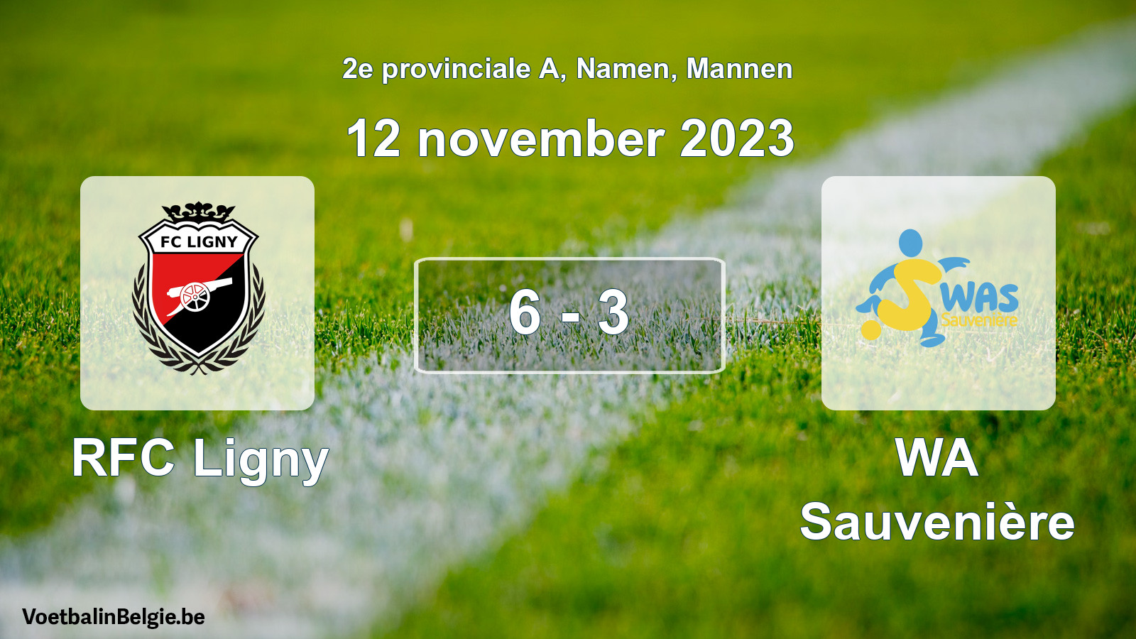 Gespeelde wedstrijd mannenvoetbal: RFC Ligny - WA Sauvenière 6 - 3 (12 november 2023)