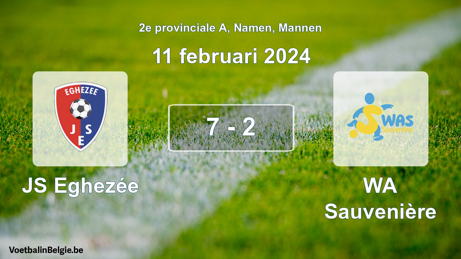 Gespeelde wedstrijd mannenvoetbal: JS Eghezée - WA Sauvenière 7 - 2 (11 februari 2024)