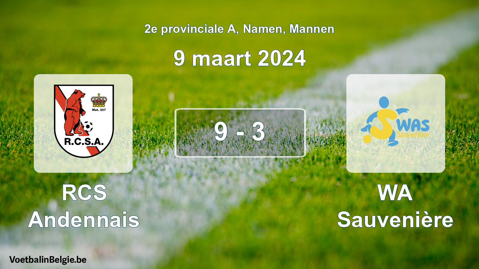 Gespeelde wedstrijd mannenvoetbal: RCS Andennais - WA Sauvenière 9 - 3 (9 maart 2024)