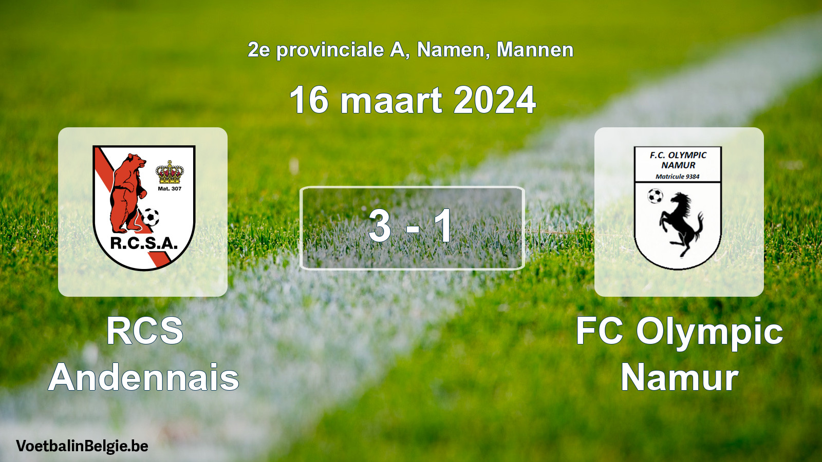 Gespeelde wedstrijd mannenvoetbal: RCS Andennais - FC Olympic Namur 3 - 1 (16 maart 2024)