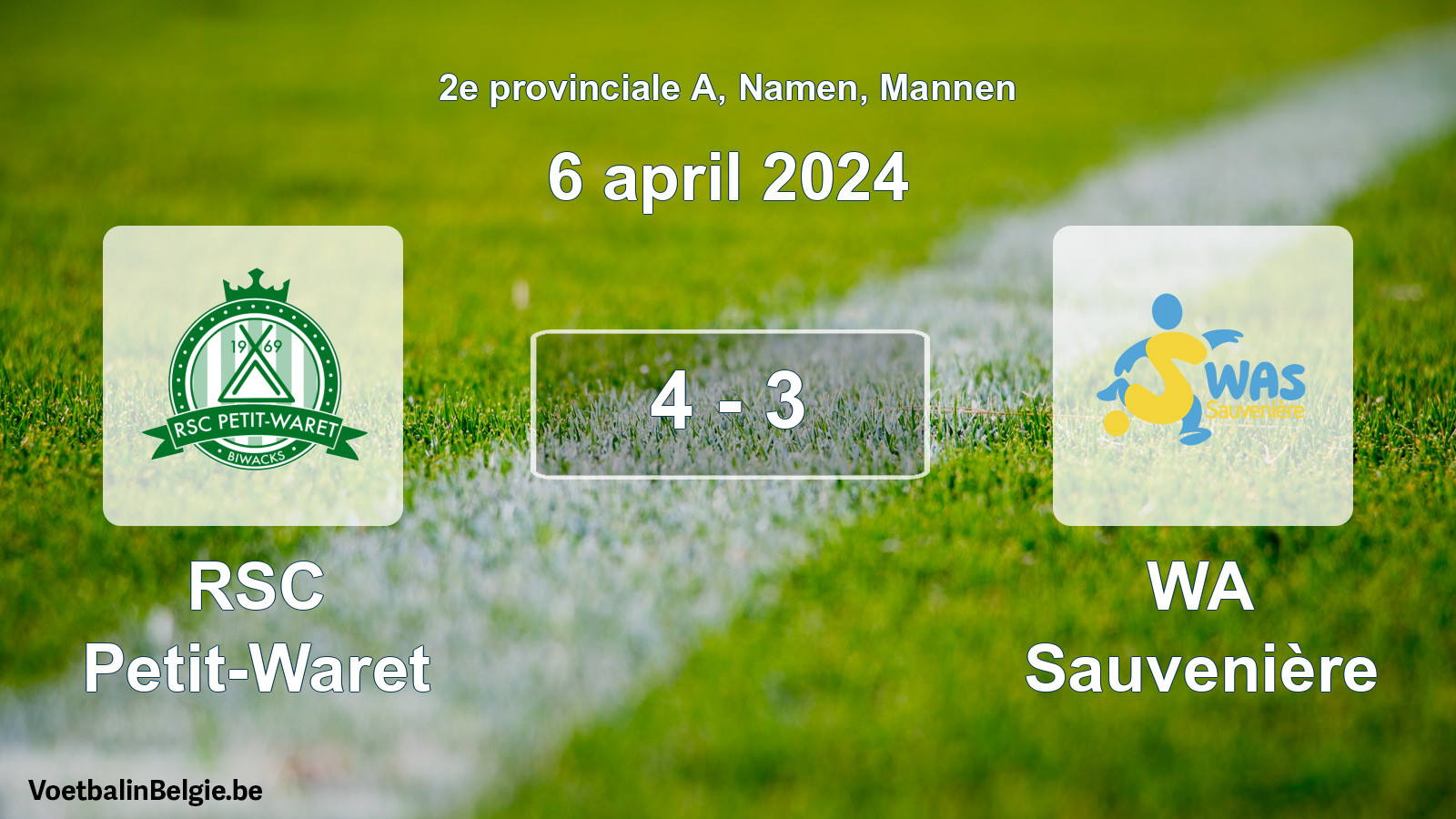 Gespeelde wedstrijd mannenvoetbal: RSC Petit-Waret - WA Sauvenière 4 - 3 (6 april 2024)