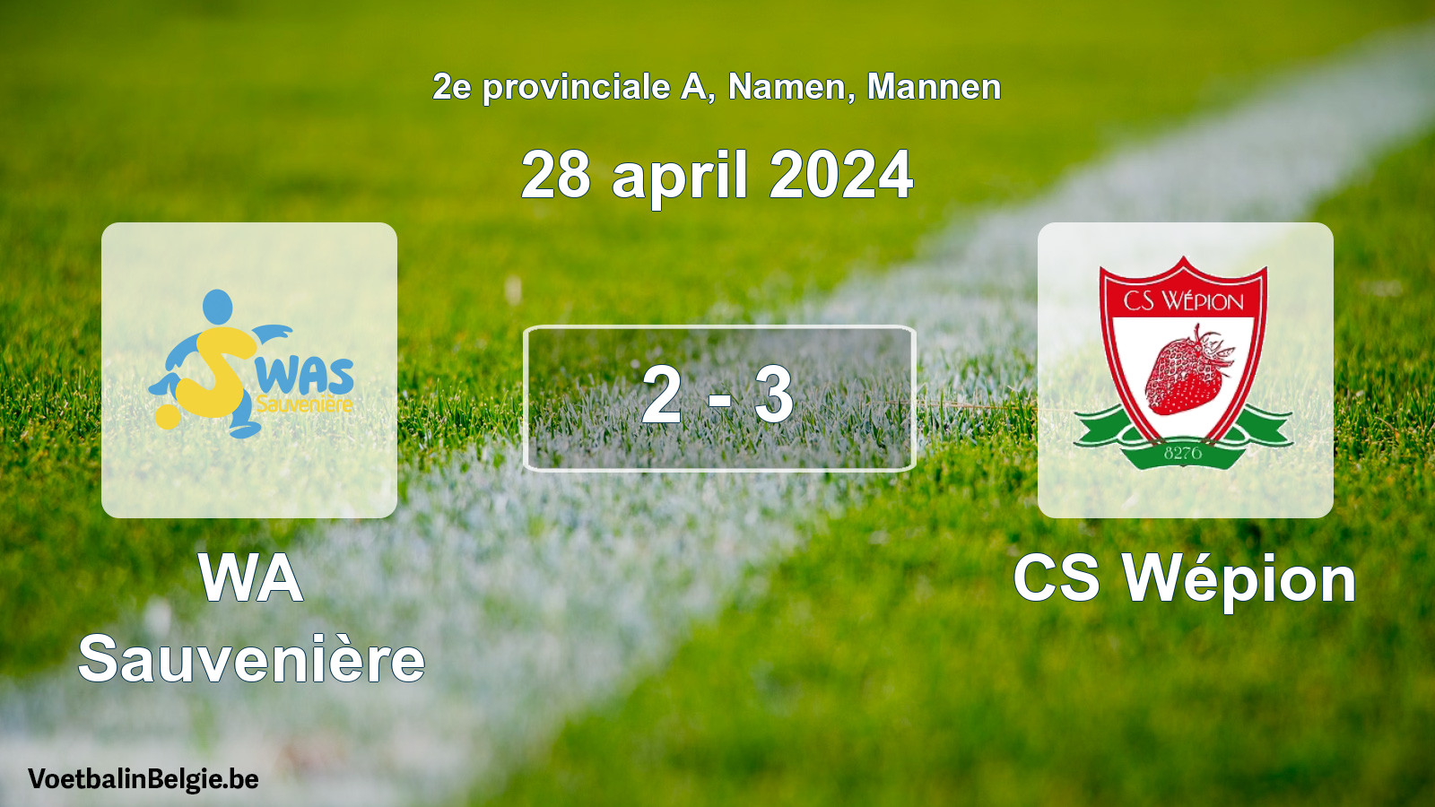 Gespeelde wedstrijd mannenvoetbal: WA Sauvenière - CS Wépion 2 - 3 (28 april 2024)