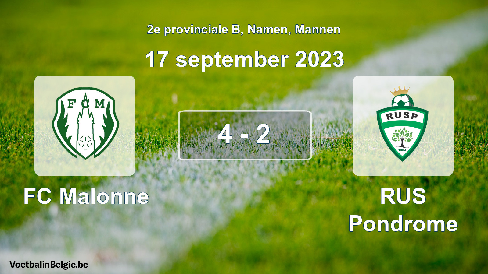 Gespeelde wedstrijd mannenvoetbal: FC Malonne - RUS Pondrome 4 - 2 (17 september 2023)