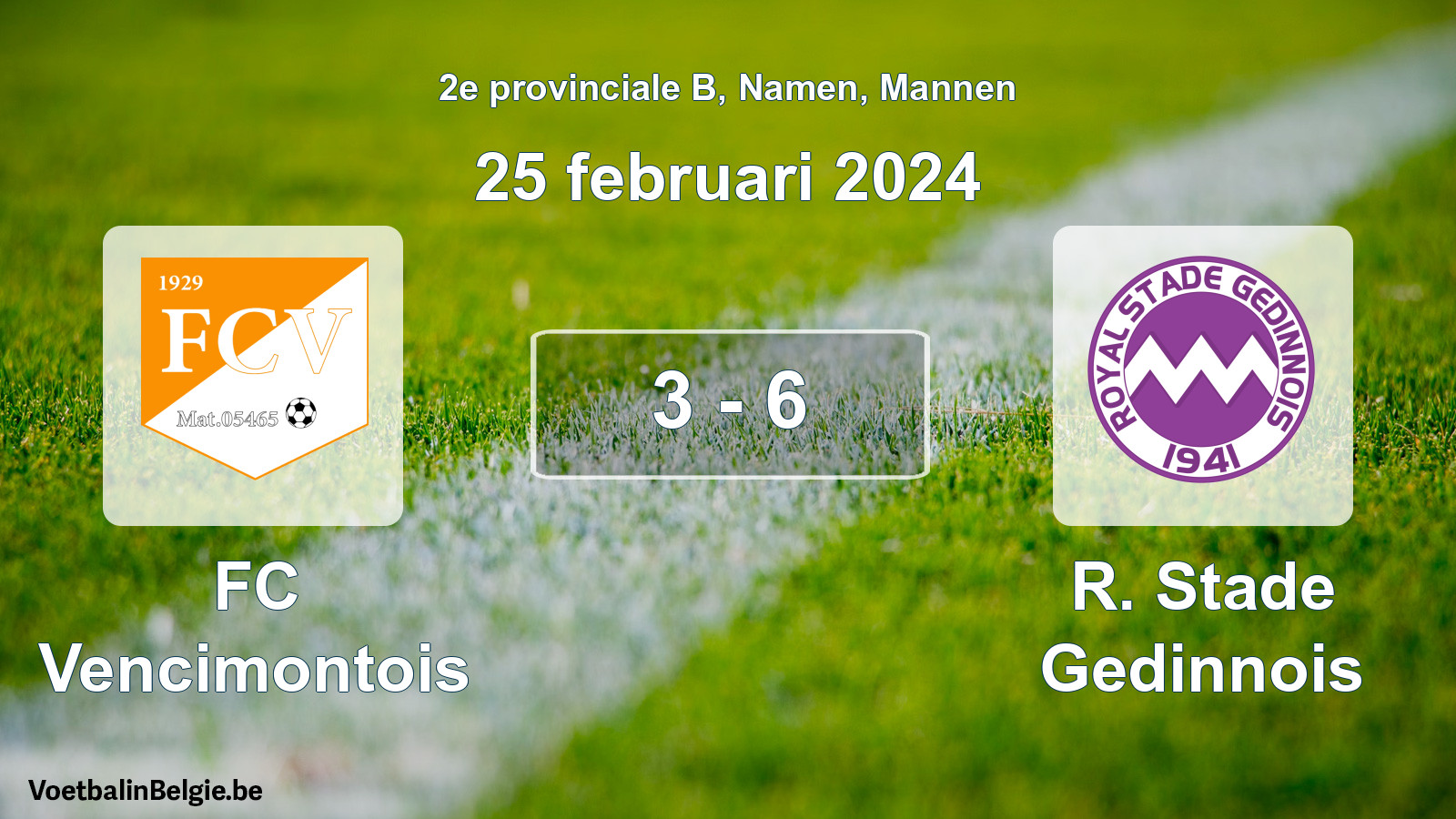 Gespeelde wedstrijd mannenvoetbal: FC Vencimontois - R. Stade Gedinnois 3 - 6 (25 februari 2024)